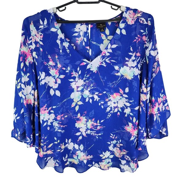 Women's Worthington Woman Floral Print Chiffon Blouse Sheer V Neck 3/4 Sleeve 1X - Picture 1 of 12